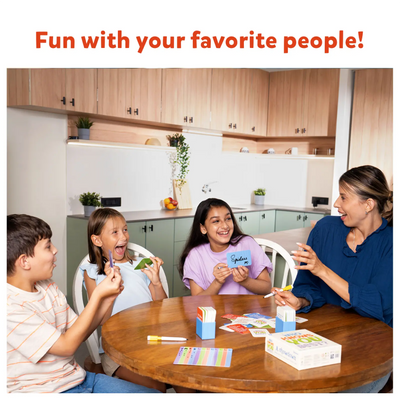 Family playing Who Knows You Best card game at wooden kitchen table