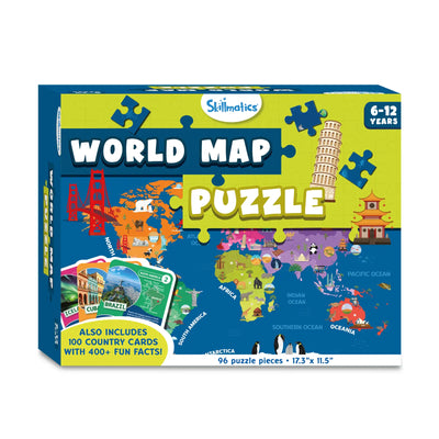 Skillmatics World Map Puzzle for ages 6-12 with 100 country cards and fun facts