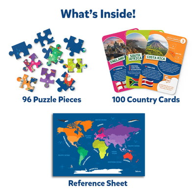 Children’s world geography puzzle set with country cards and reference map for ages 6-12