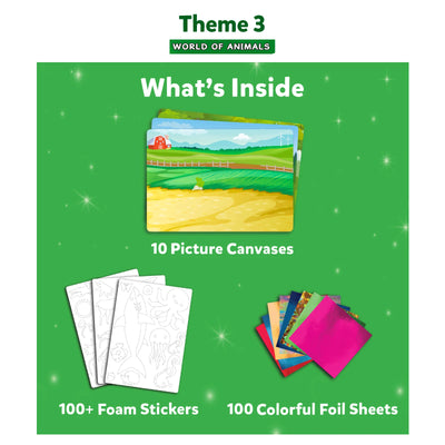 Craft kit for kids featuring animal-themed canvases, foam stickers, and foil sheets