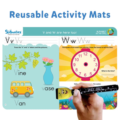 Reusable activity mat set for learning letters and telling time for ages 3-6