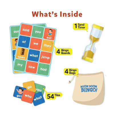 Children’s educational Bingo game set with boards tiles sand timer and bags for Sight Words