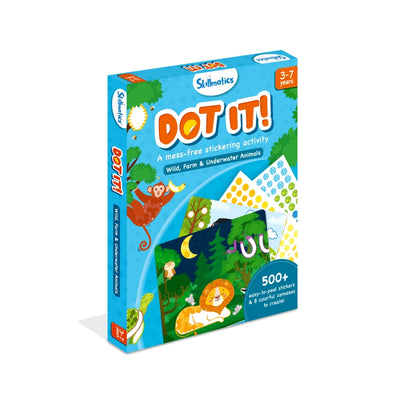 Blue box for children’s sticker activity kit featuring Wild Farm and Underwater Animals