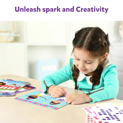 Young girl engaged in Dot it Mega Combo no mess sticker art activity for ages 3-7