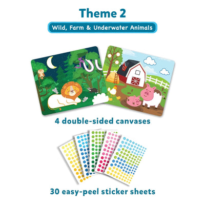 Children’s art activity kit with animal-themed canvases and colorful stickers for ages 3-7