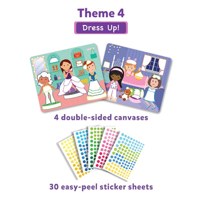 Children’s dress-up sticker activity kit with four double-sided canvases and thirty sticker sheets