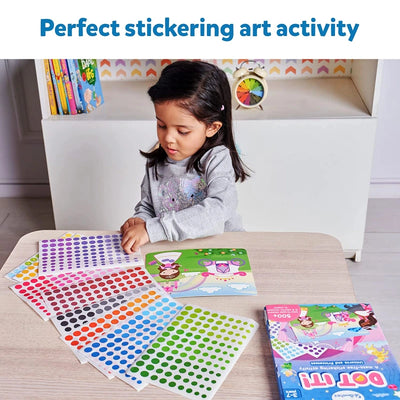 Young girl creating sticker art with colorful dot stickers and activity book from Dot it Mega Combo