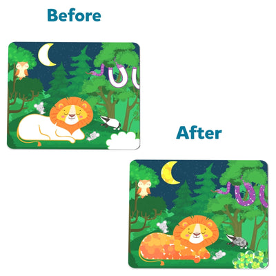 Cartoon lion in forest showing Before and After sticker art changes for Dot it Mega Combo