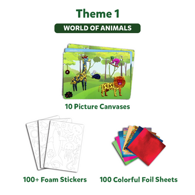 Animal-themed crafting kit with canvases foam stickers and colorful foil sheets for kids
