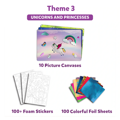 Children’s art kit with Unicorn and Princess-themed canvases foam stickers and foil sheets