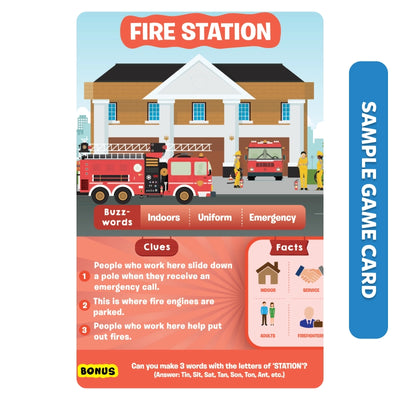 Fire station trivia card with clues, facts, and bonus word puzzle from Guess in 10 game