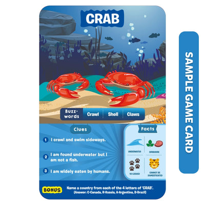 Sample game card with crabs, clues, and facts from Guess in 10 Animal Planet Mega Pack