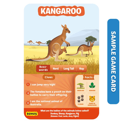 Educational game card featuring a Kangaroo with facts clues buzzwords and bonus question