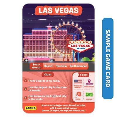 Game card featuring Las Vegas with clues, facts, and a bonus question for Guess in 10 game