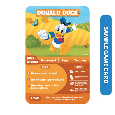 Donald Duck themed trivia card with clues facts and bonus question for Disney Guess in 10 game