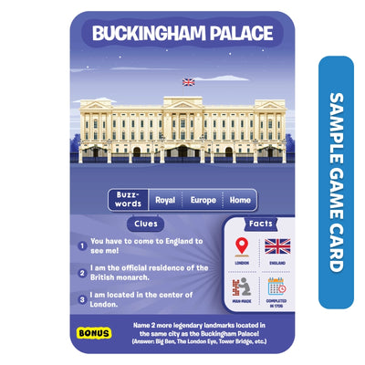 Sample game card featuring Buckingham Palace with facts from Guess in 10 Legendary Landmarks trivia game