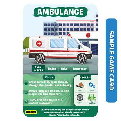 Game card showing an Ambulance with features and purpose for Guess in 10 Things That Go