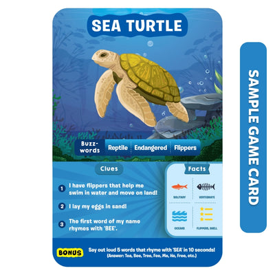 Educational game card featuring a colorful sea turtle from Guess in 10 Underwater Animals trivia game