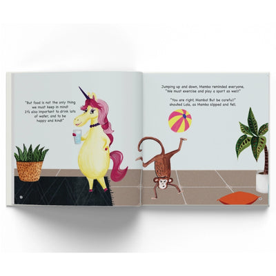 Open children’s book with colorful illustrations from Lola’s Healthy Habits storybook for ages 3+