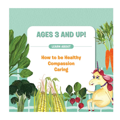Children’s educational book cover featuring a unicorn and vegetables from Lolas Healthy Habits