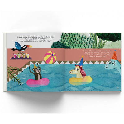 Open children’s storybook with colorful animal swimming illustrations for Mambo’s Pool Party