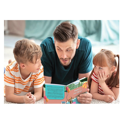 Father reading colorful Mambo’s Pool Party storybook to boy and girl for fun learning