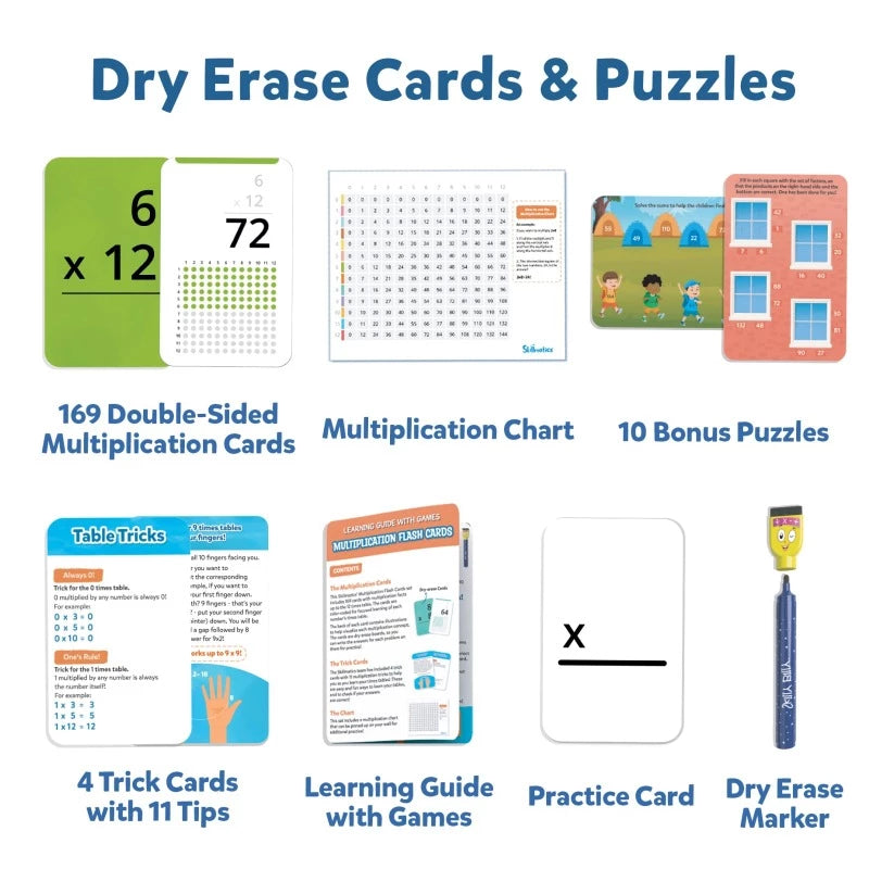 Multiplication Flash Cards | Set of 169 Reusable Cards with Dry Erase Marker