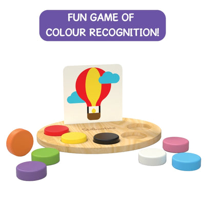 Wooden color recognition game with colorful circular tokens and picture cards for kids