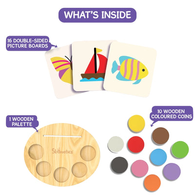 Educational wooden game with double-sided picture boards, wooden palette, and colored coins