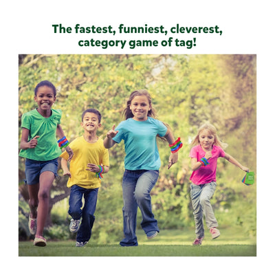 Four children running with colorful wristbands playing Rapid Rumble Outdoor game