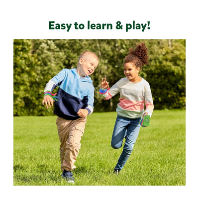 Two children playing outdoors with colorful wristbands and a green handheld device for Rapid Rumble Outdoor game