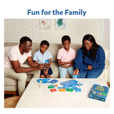 Family of four playing Rapid Rumble Superpack board game together for ages 6+