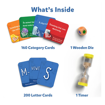 Did You Know board game with category and letter cards, die, and timer for ages 6+