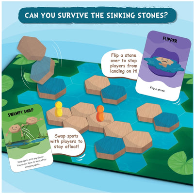 Sinking Stones strategy board game with hexagonal tiles and player pawns for ages 6+