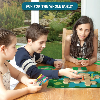 Three children playing Sinking Stones strategy board game for ages 6 and up