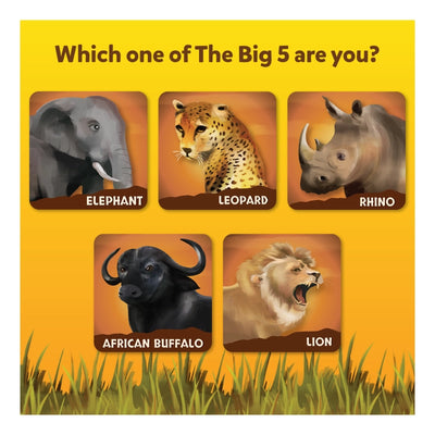 Illustrated chart of five wild animals from The Big 5 animal-themed game