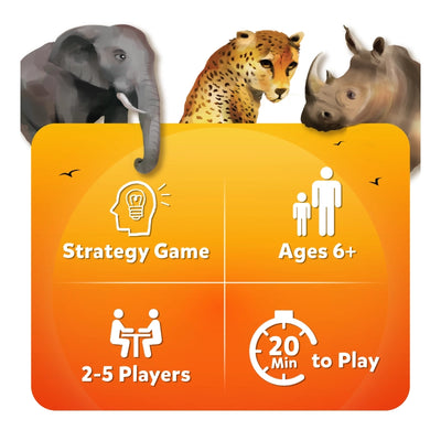 Animal themed board game with Elephant, Cheetah, Rhino, gameplay details, for ages 6+