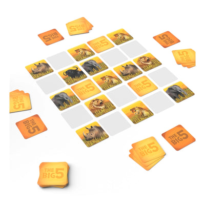 Animal memory game with The Big 5 logo on square cards for ages 6 and up
