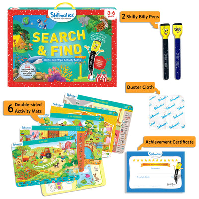 Skillmatics Search & Find reusable activity mat set with pens duster cloth and certificate
