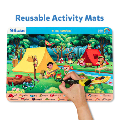 Colorful campsite scene activity mat with items to find for kids ages 3-6